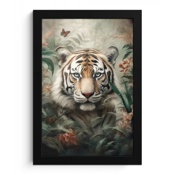 Tijger - Vlinders - Dieren - Jungle - Bloemen fotolijst zwart zonder passe partout klein -3d