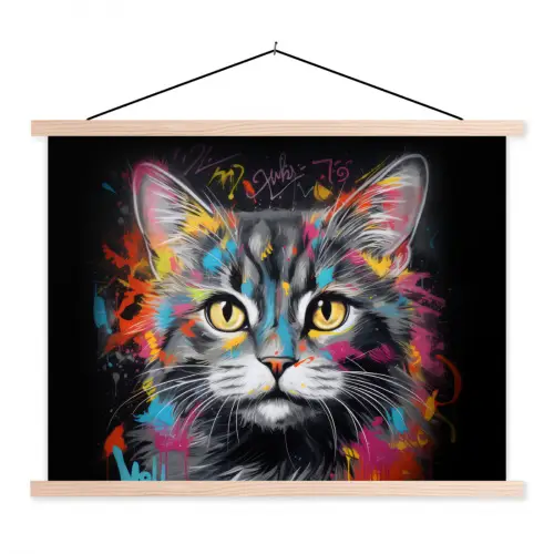 Kat - Graffiti - Dieren - Kleuren - Grijs textielposter latten blank klein -3d
