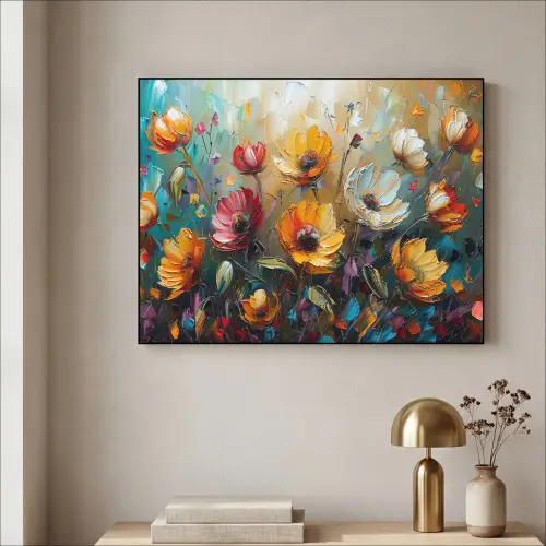 Bloemen - Verf - Kunst - Modern Textielframe - compleet frame klein -sfeer2