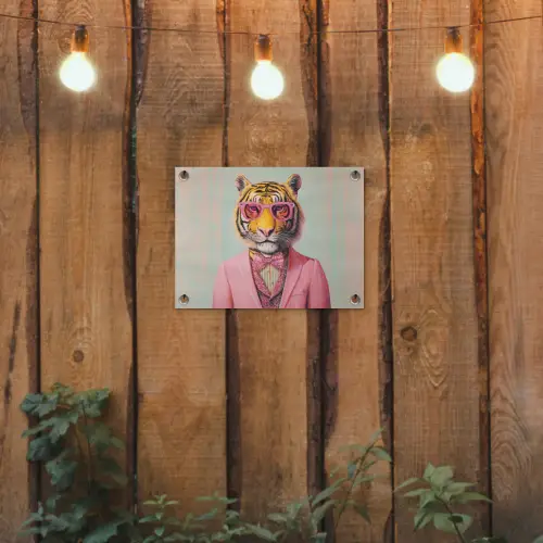 Tijger - Strik - Jasje - Roze tuinposter los doek klein -sfeer1