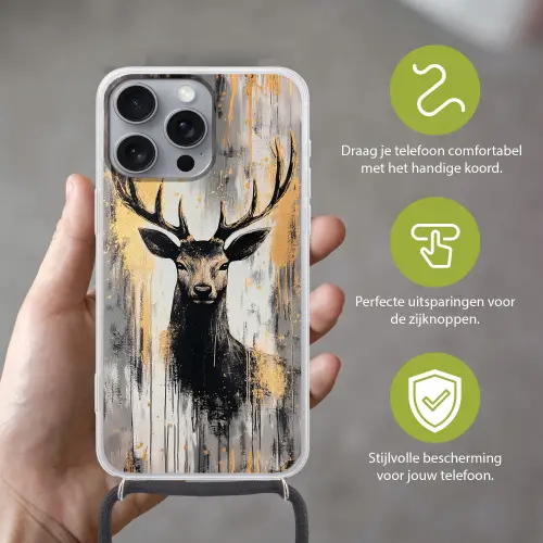Abstract - Hert - Gewei - Goud Hoesje iPhone 16 Pro Max met koord klein -sfeer2_NL