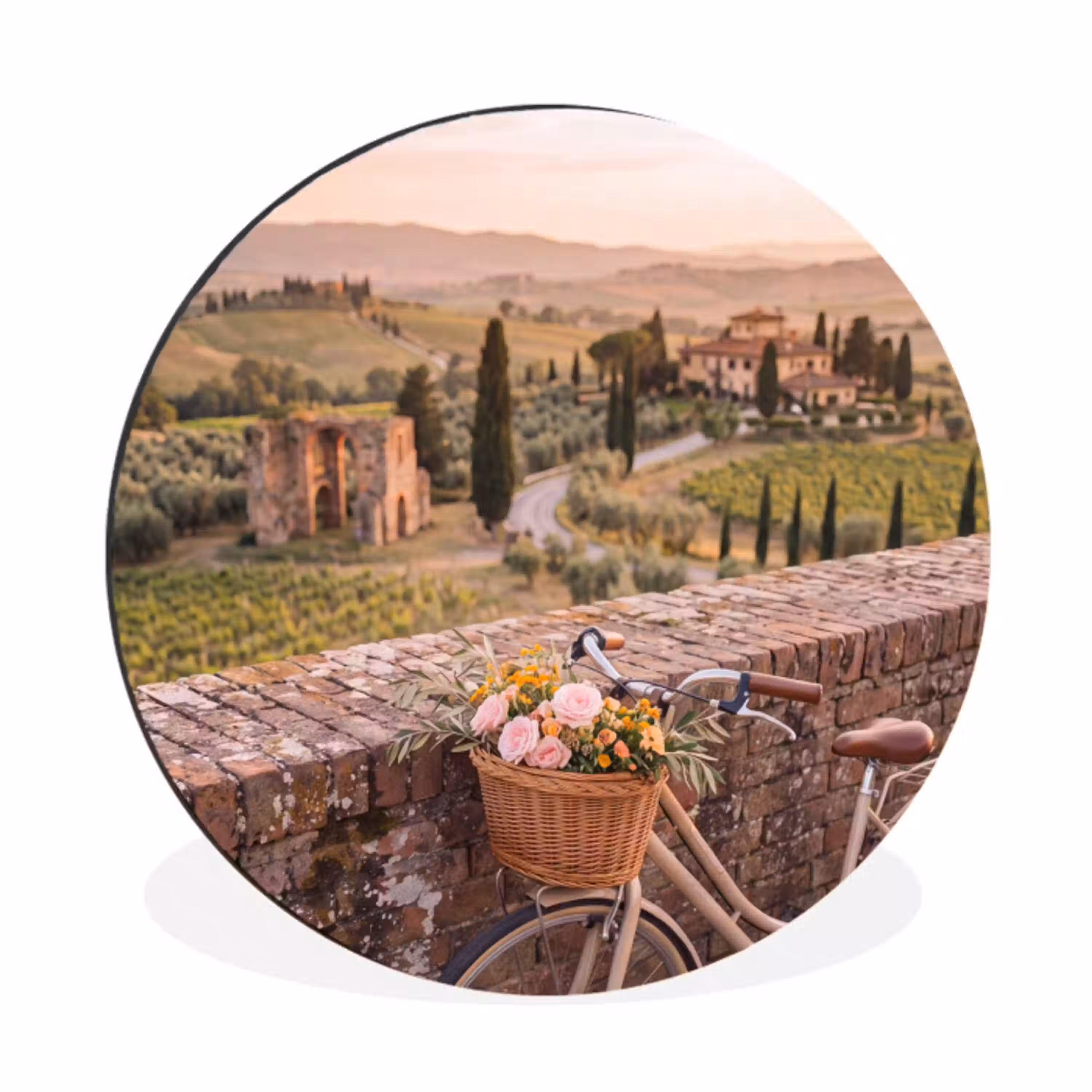 Fiets - Bloemen - Toscane - Landschap - Roze Wandcirkel aluminium klein -3d