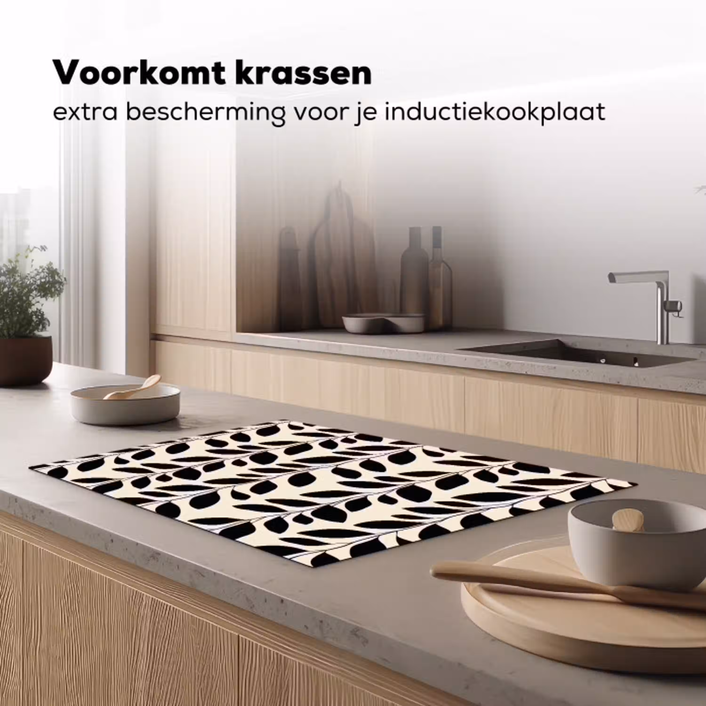 Botanisch - Dessin - Zwart - Beige Inductie beschermer vinyl 3mm klein 276 -sfeer1