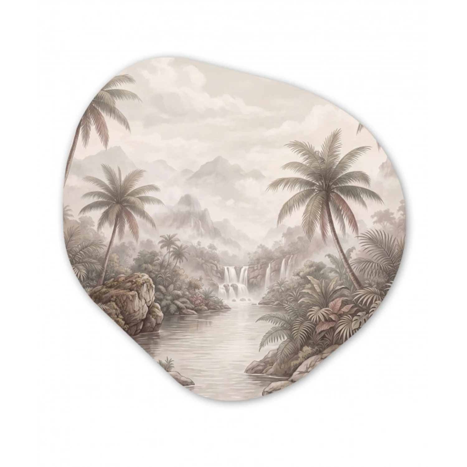 Jungle - Watervallen - Tropisch - Illustratie Wandcirkel Organisch Aluminium middel -3d