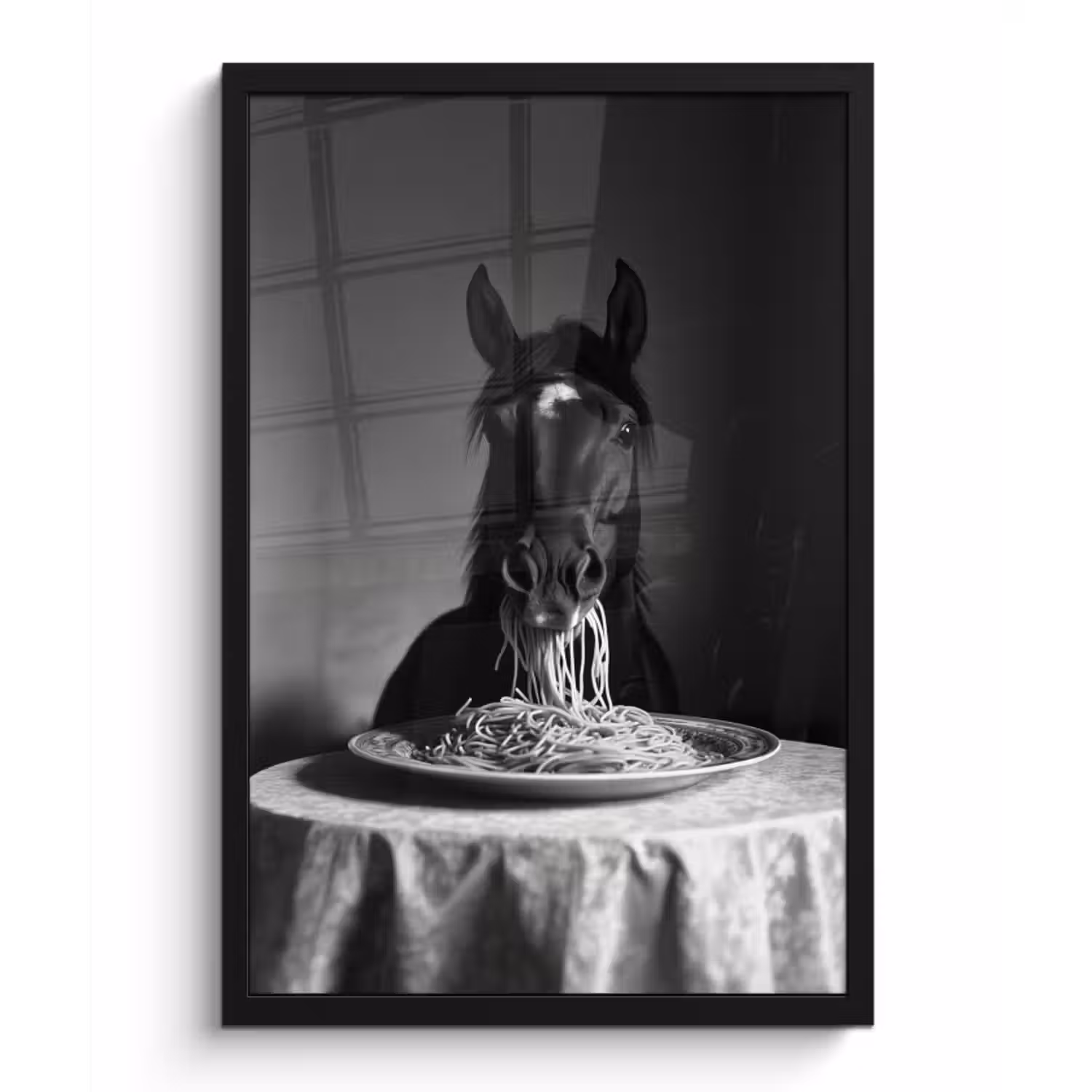 Poster met lijst - Paard - Bord - Pasta - Tafelkleed - Zwart Wit - Dieren