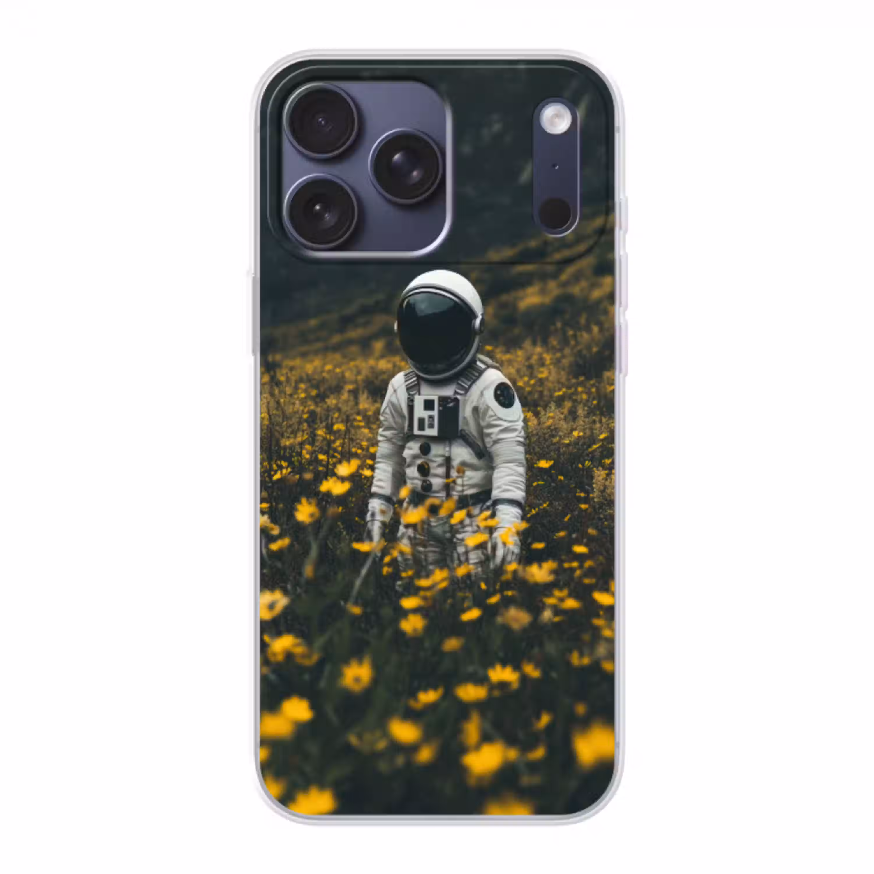 Astronaut - Bloemen - Veld - Geel Telefoonhoesje iPhone 17 Pro Max klein -3d