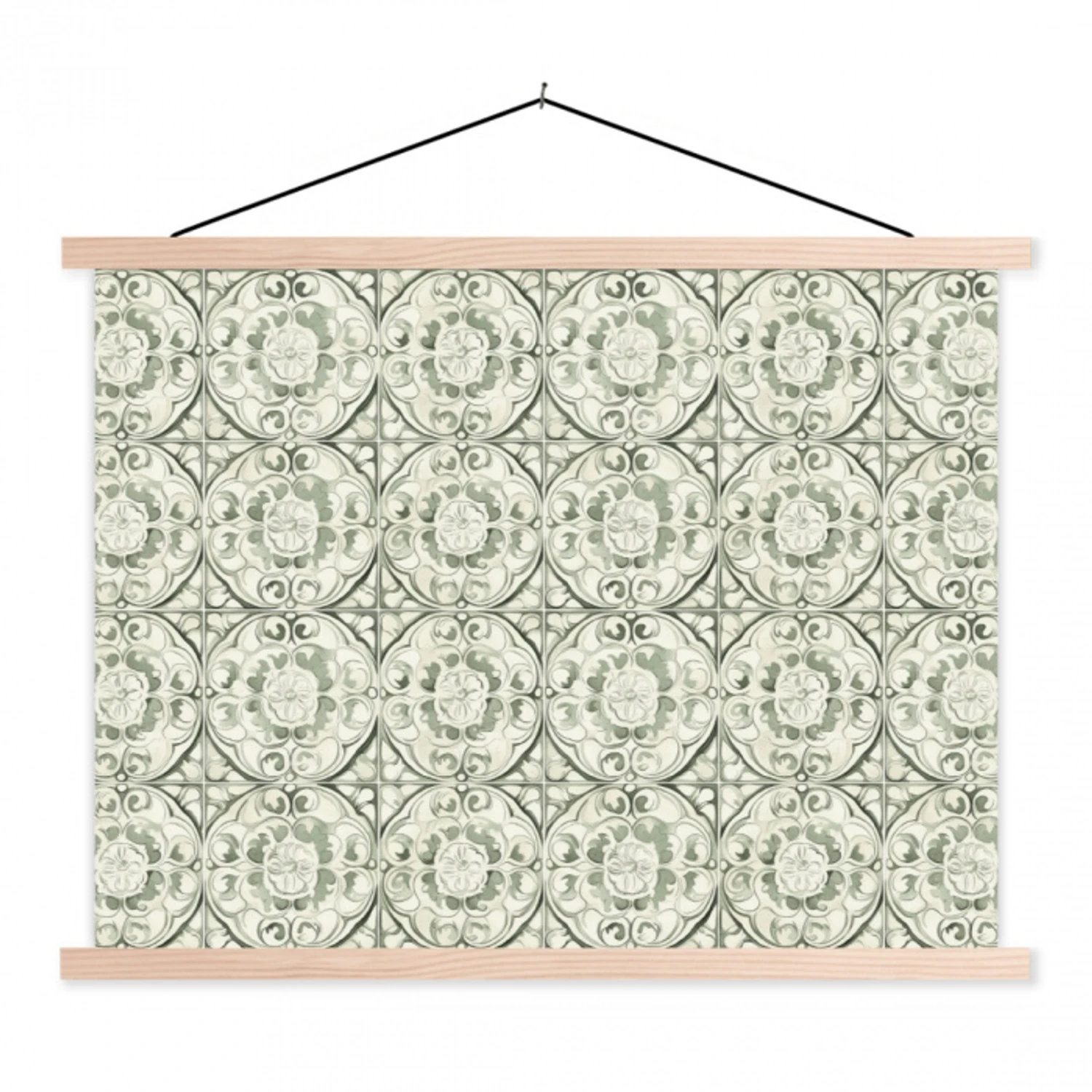Krulornament - Tegel - Groen textielposter latten blank klein 122 -3d