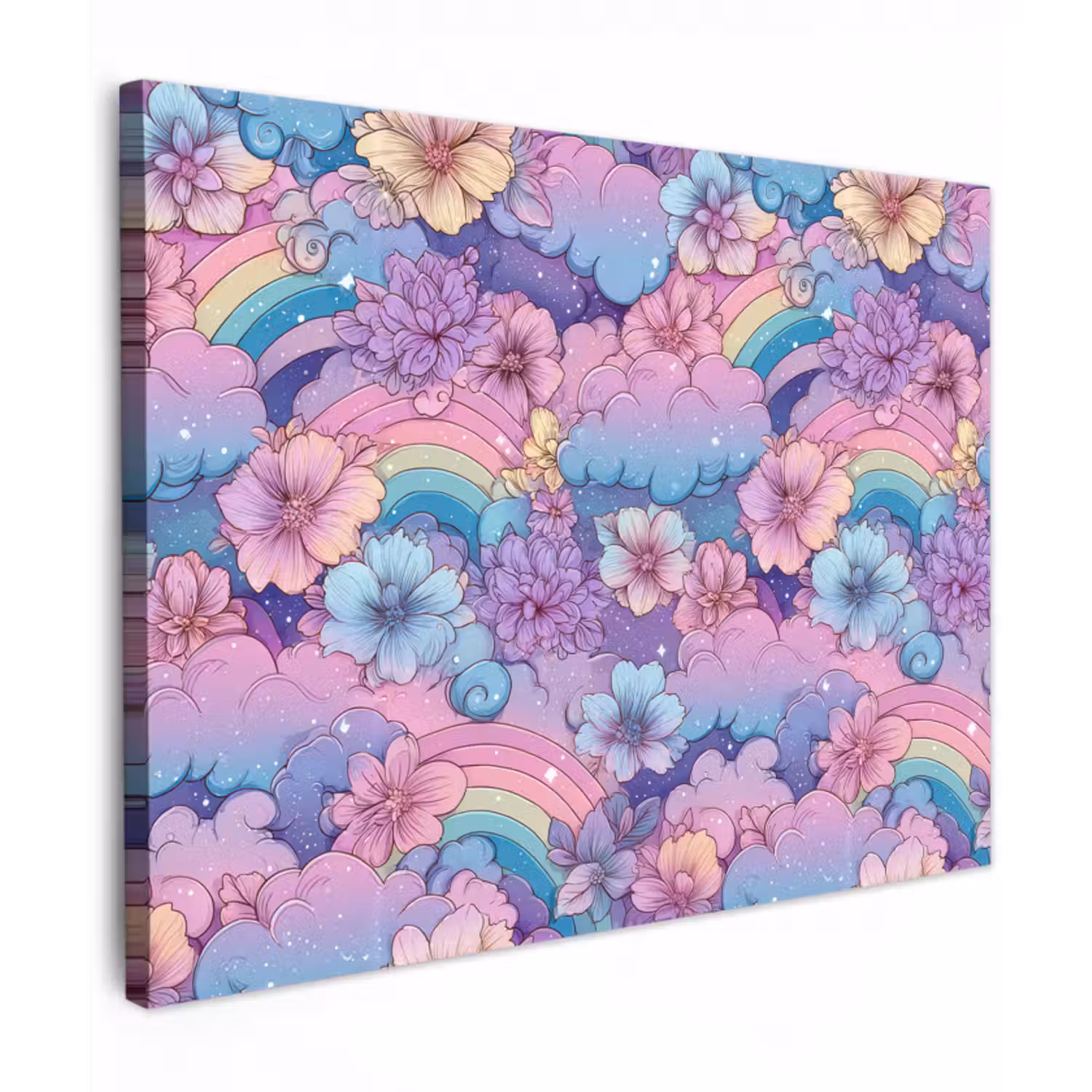 Leinwandbild - Regenbögen - Blumen - Farbenfroh - Wolken