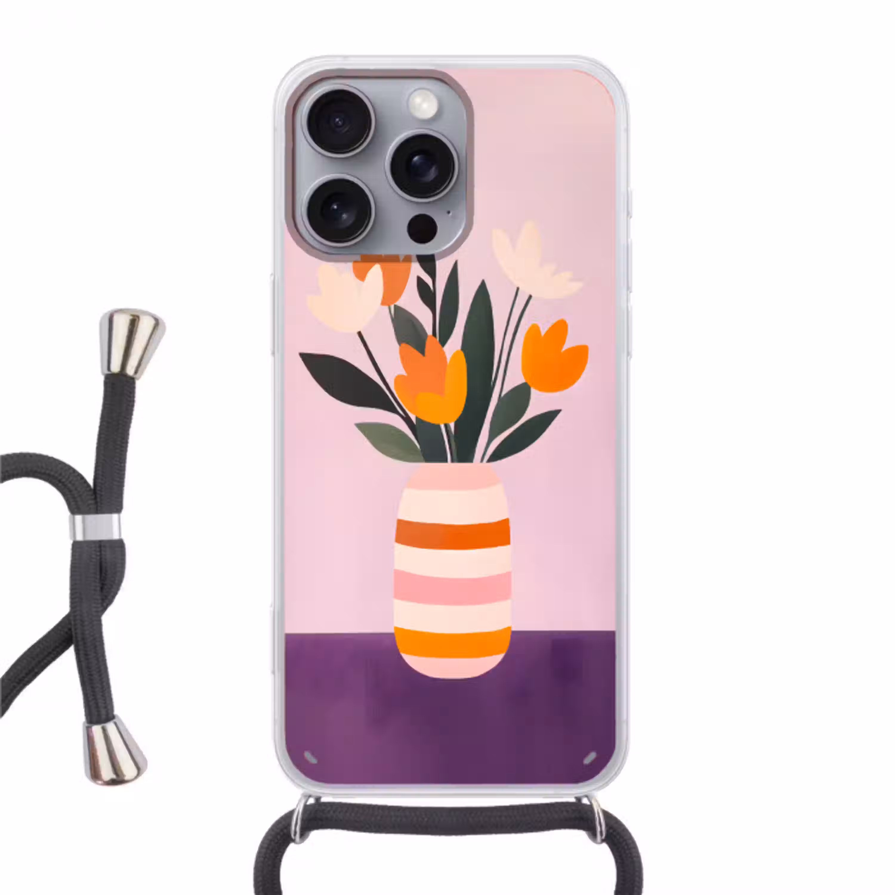 Tulpen - Vaas - Strepen - Paars Hoesje iPhone 16 Pro Max met koord klein -3d