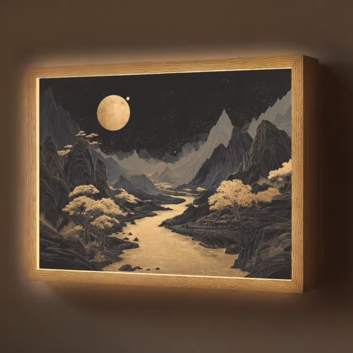 Lightbox - Wandlamp - Gouden rivier - Bergen - Maan - Sterrenhemel