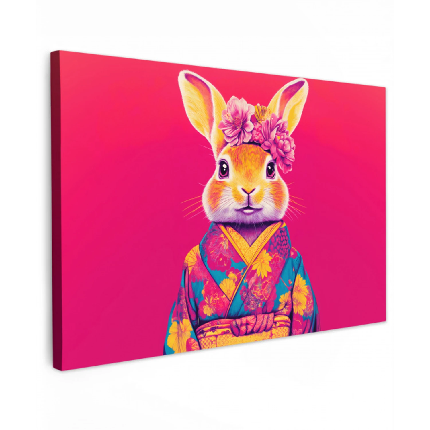 Konijn - Bloemen - Kleurrijk - Kimono Tuinposter op houten frame 2 cm dik klein -3d