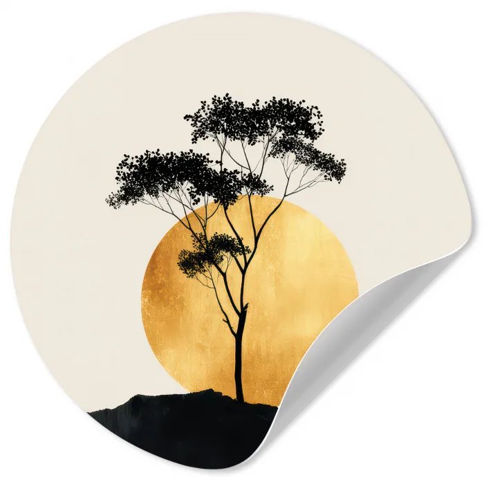 Zwarte boom - Gouden cirkel - Heuvel Wandcirkel behangsticker klein -3d