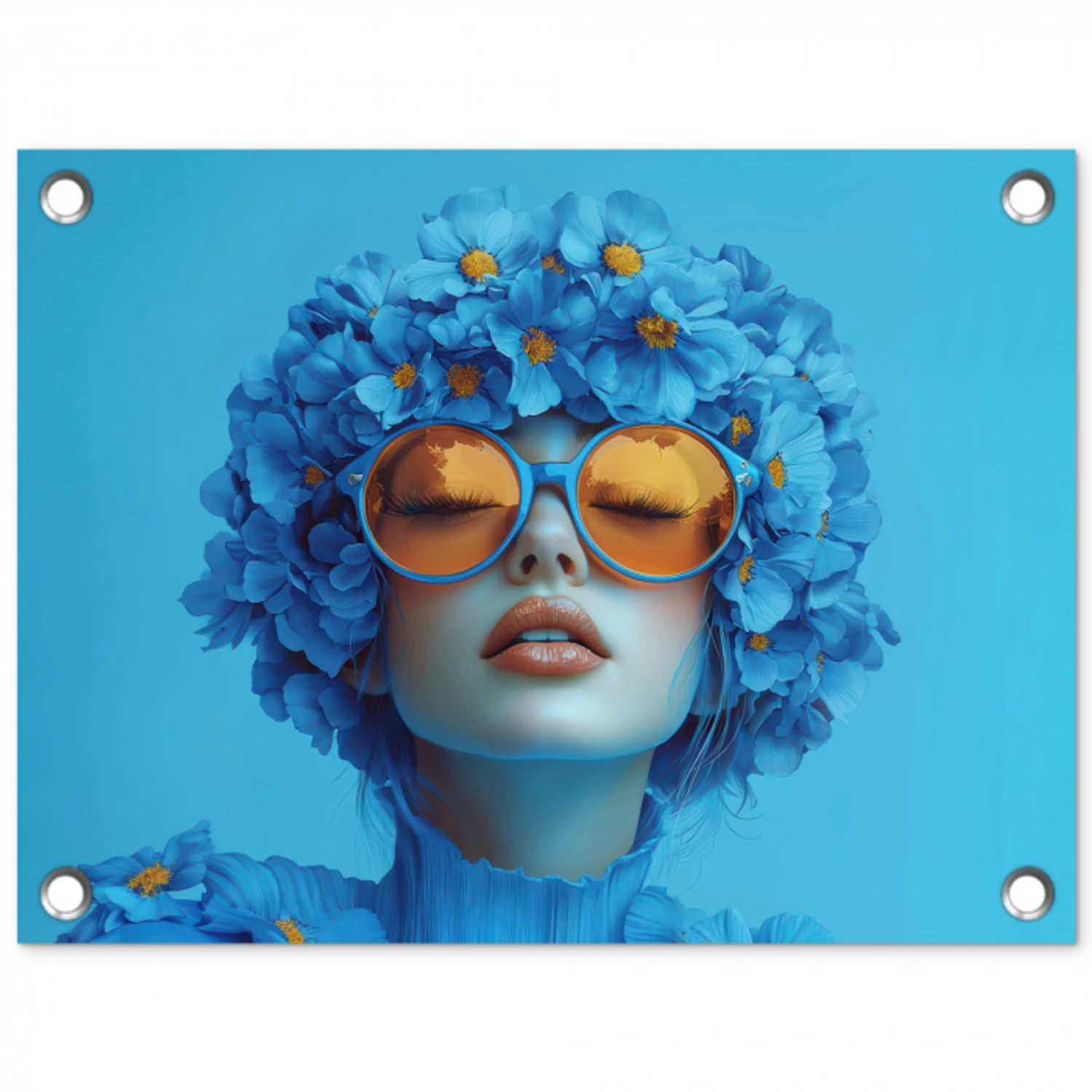 Vrouw - Bloem - Blauw - Modern - Bril - Portret tuinposter los doek klein -3d
