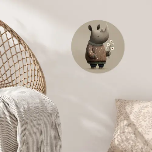 Neushoorn - Witte bloemen - Lief Wandcirkel behangsticker klein -sfeer4