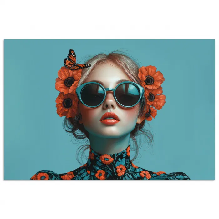 Vrouw - Blauw - Vlinder - Bloemen - Aesthetic poster papier klein -3d