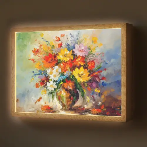 Bloemen - Kleurrijk - Olieverf - Bloempot Light Box met batterij (Wandlamp) middel -z3d_website