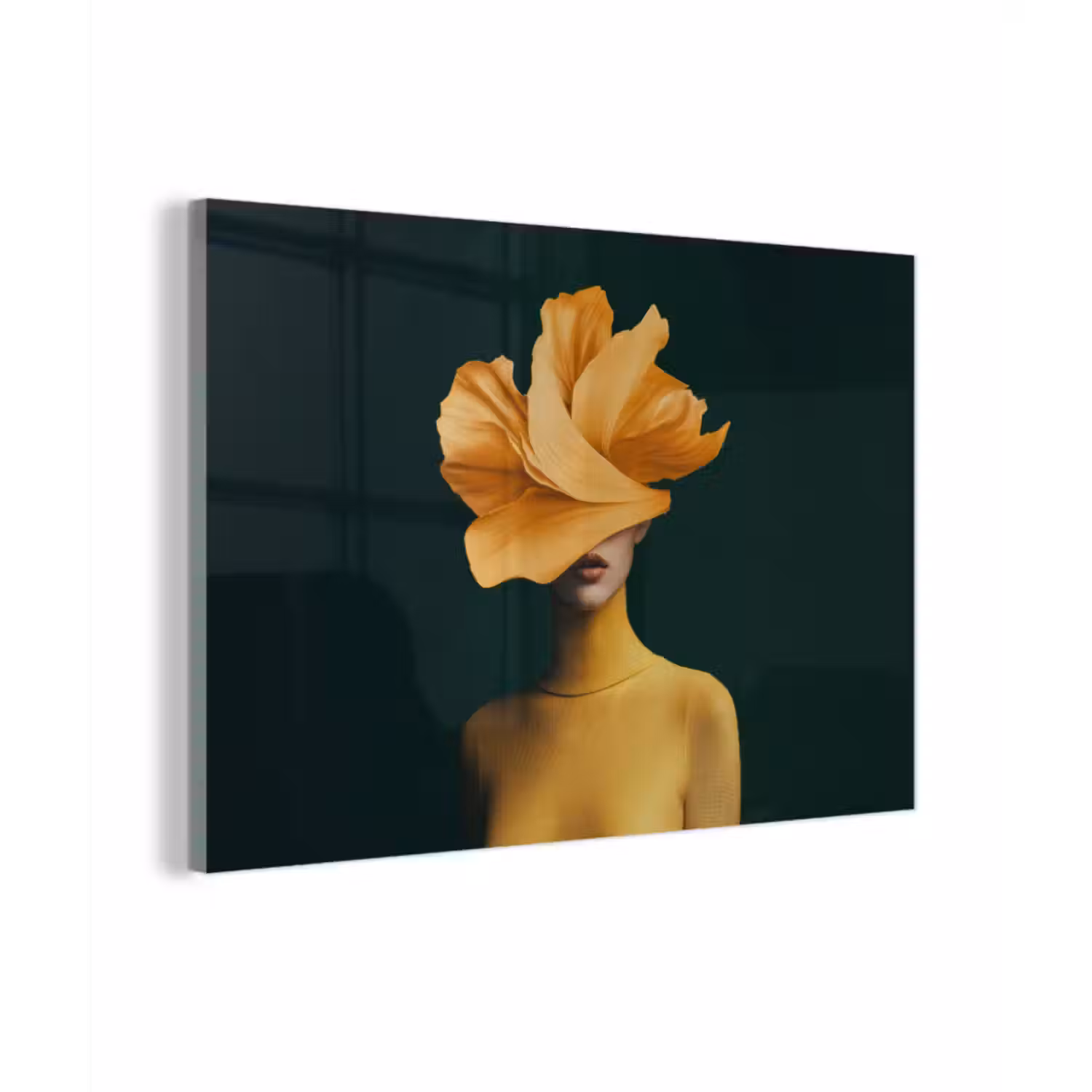 Glas schilderij - Vrouw - Hoed - Geel