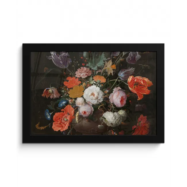 Stilleven met bloemen en een horloge - Schilderij van Abraham Mignon fotolijst zwart zonder passe partout klein -3d