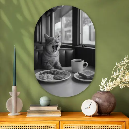 Kat - Koffie - Brood - Zwart Wandcirkel Ovaal Glas middel -sfeer2