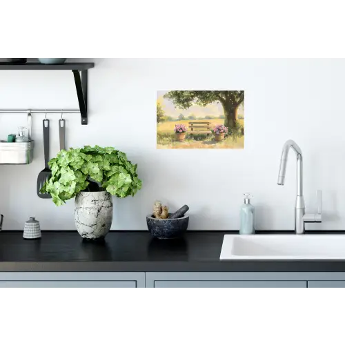 Houten bankje - Bloempotten - Landschap Muursticker klein -keuken