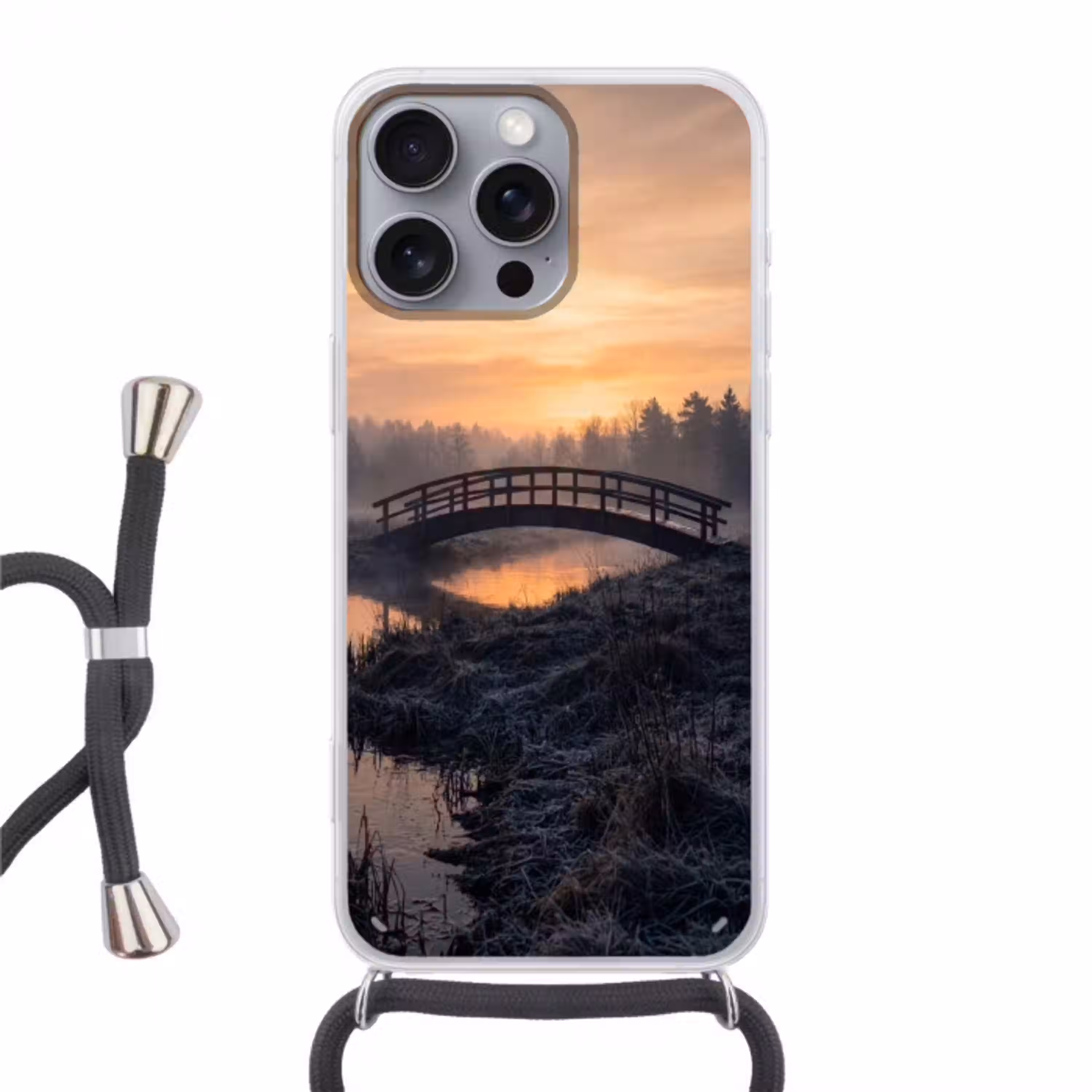 Brug - Mist - Bomen - Water Hoesje iPhone 16 Pro Max met koord klein -3d