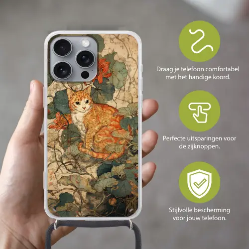Kat - Sierlijk - Bloemen Hoesje iPhone 16 Pro Max met koord klein -sfeer2_NL