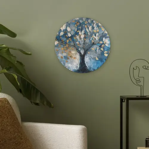 Boom - Blauw - Goud - Abstract Akoestische PET Vilt - Rond klein -sfeer2