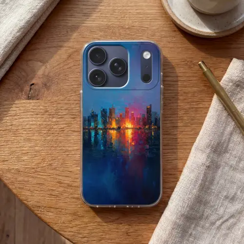 Skyline - Penseelstreken - Donkerblauw - Lichtgevend Telefoonhoesje iPhone 17 Pro klein -sfeer1