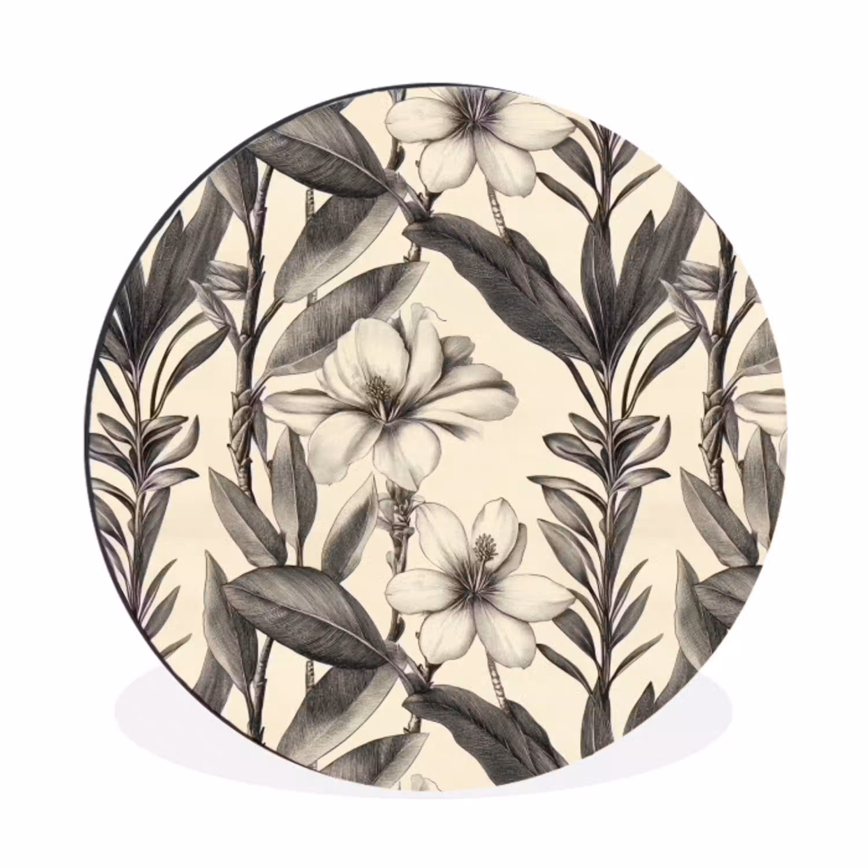 Klassiek - Botanisch - Zwart - Beige Wandcirkel aluminium klein 190 -3d
