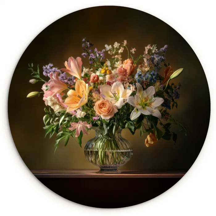 Glazen - Bloemen - Boeket - Kleuren Wandcirkel kunststof plaat 5mm dik klein -3d
