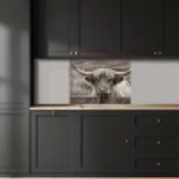 Schotse hooglander - Zwart - Wit - Hout keuken achterwand 2 middel -sfeer1