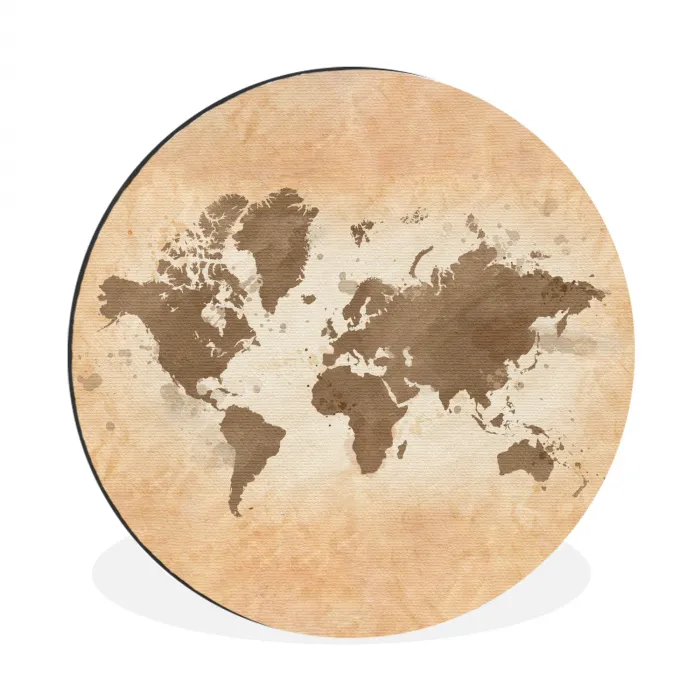 Wereldkaart - Beige - Bruin Wandcirkel aluminium klein -3d