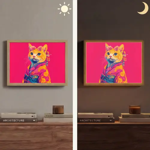 Kat - Kimono - Bloemen - Roze Light Box met batterij (Wandlamp) middel -sfeer3