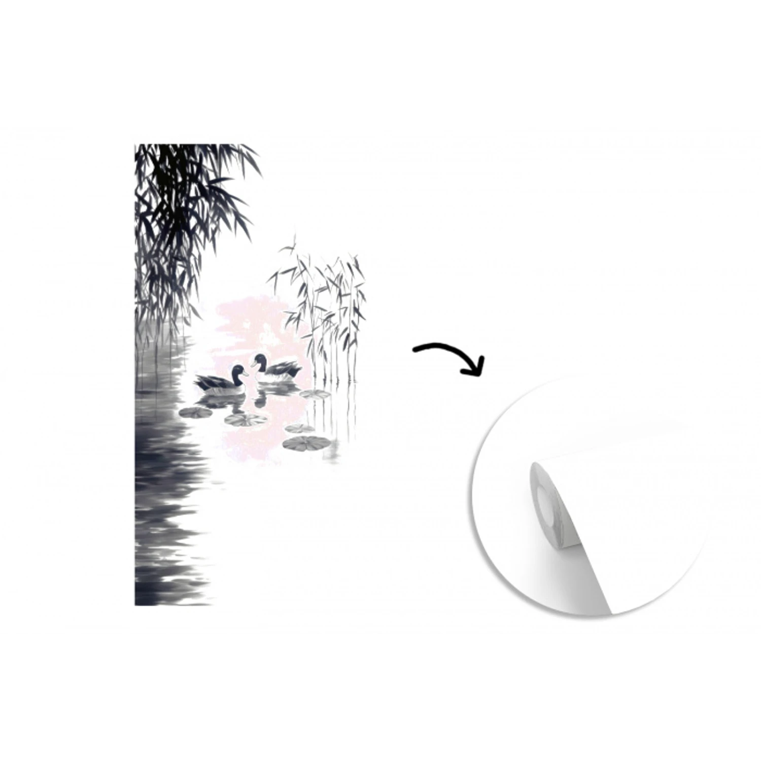 Eenden - Waterlelies - Riet - Zwart fotobehang vinyl groot -3d