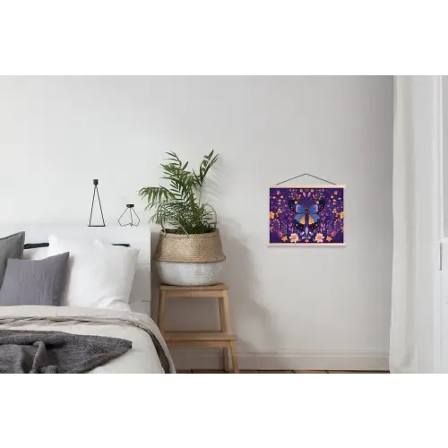 Sierlijk - Bloemen - Vlinder - Paars textielposter latten blank klein -woonkamer