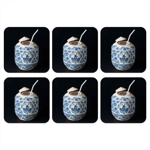 Kokosnoot - Eten - Delfts blauw - Drinken onderzetter kurk middel -3d