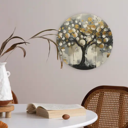 Boom - Abstract - Beige - Goud - Zwart Akoestische PET Vilt - Rond klein -sfeer3