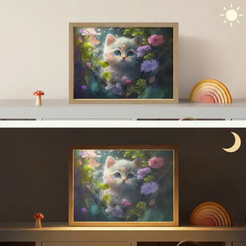Kitten - Bloemen - Bos - Illustratie - Poes Light Box met batterij (Wandlamp kind) middel -sfeer3_kind