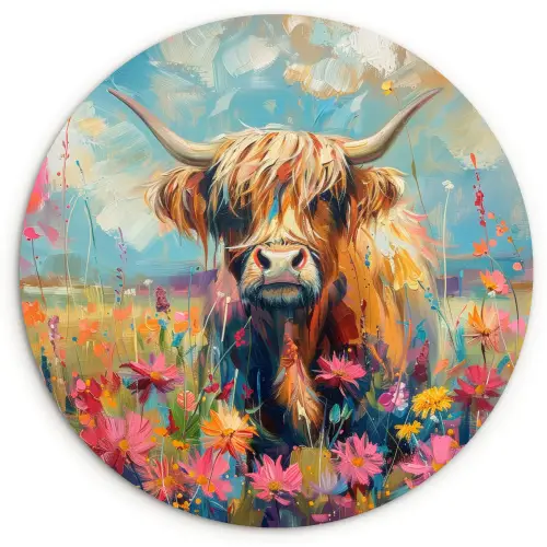 Schotse hooglander - Natuur - Kleurrijk - Bloemen Wandcirkel kunststof plaat 5mm dik klein -3d