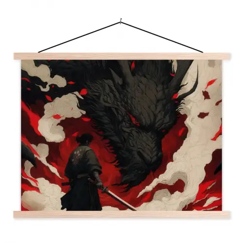 Krijger - Draak - Zwart - Rood - Rook textielposter latten blank klein -3d