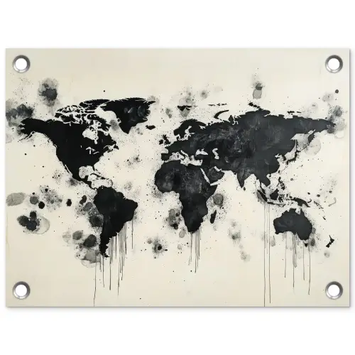 Wereldkaart - Zwart - Inkt tuinposter los doek klein -3d
