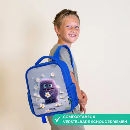 Paars Pluizig Vriendje met Madelief Kinderrugzak - Blauw middel -sfeer3_NL