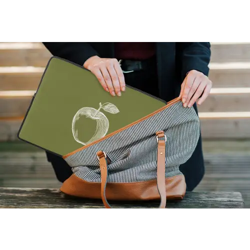 Lijntekening - Appel - Olijfgroen - Blaadje laptophoes neopreen klein -tas
