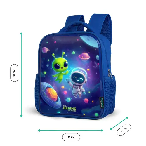 Vrolijke Ontmoeting in de Ruimte Kinderrugzak - Blauw middel -productfoto_formaten