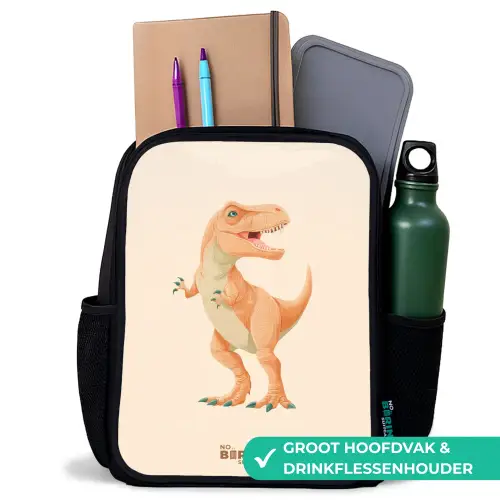 T-rex dino in oranje kleuren Rugzak - Zwart middel -inhoud_NL