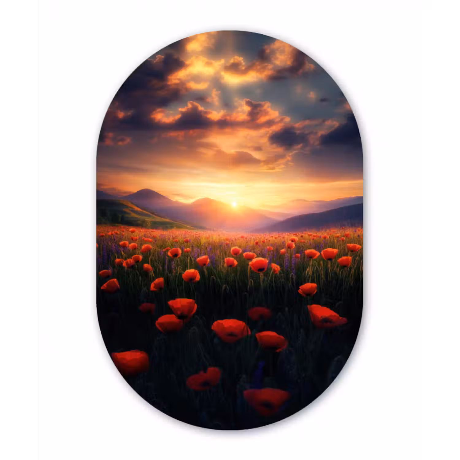Glasbild Oval - Landschaft - Sonnenuntergang - Blumenfeld