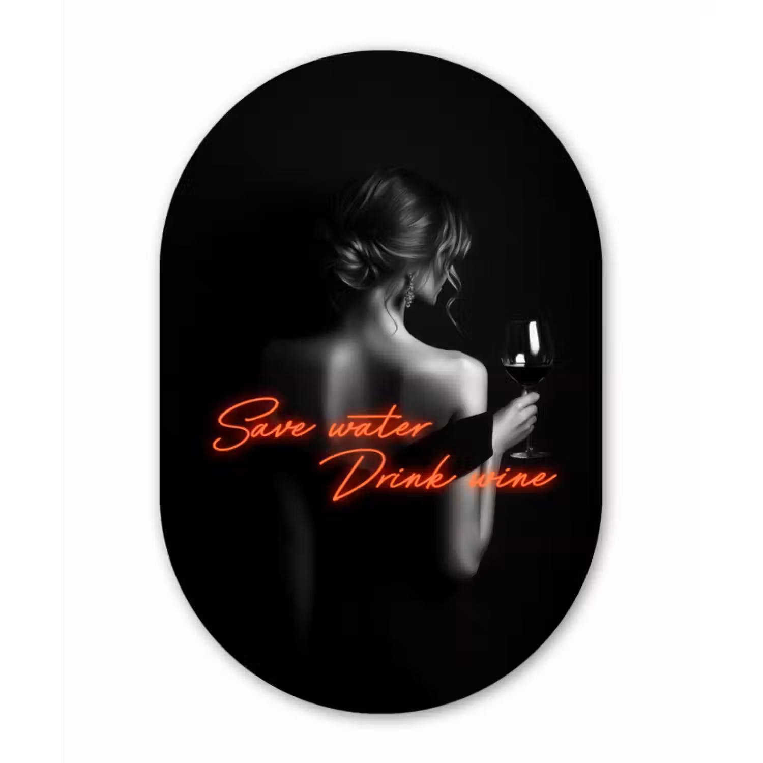 Glasbild Oval - Wein - Frau - Neon - Zitat