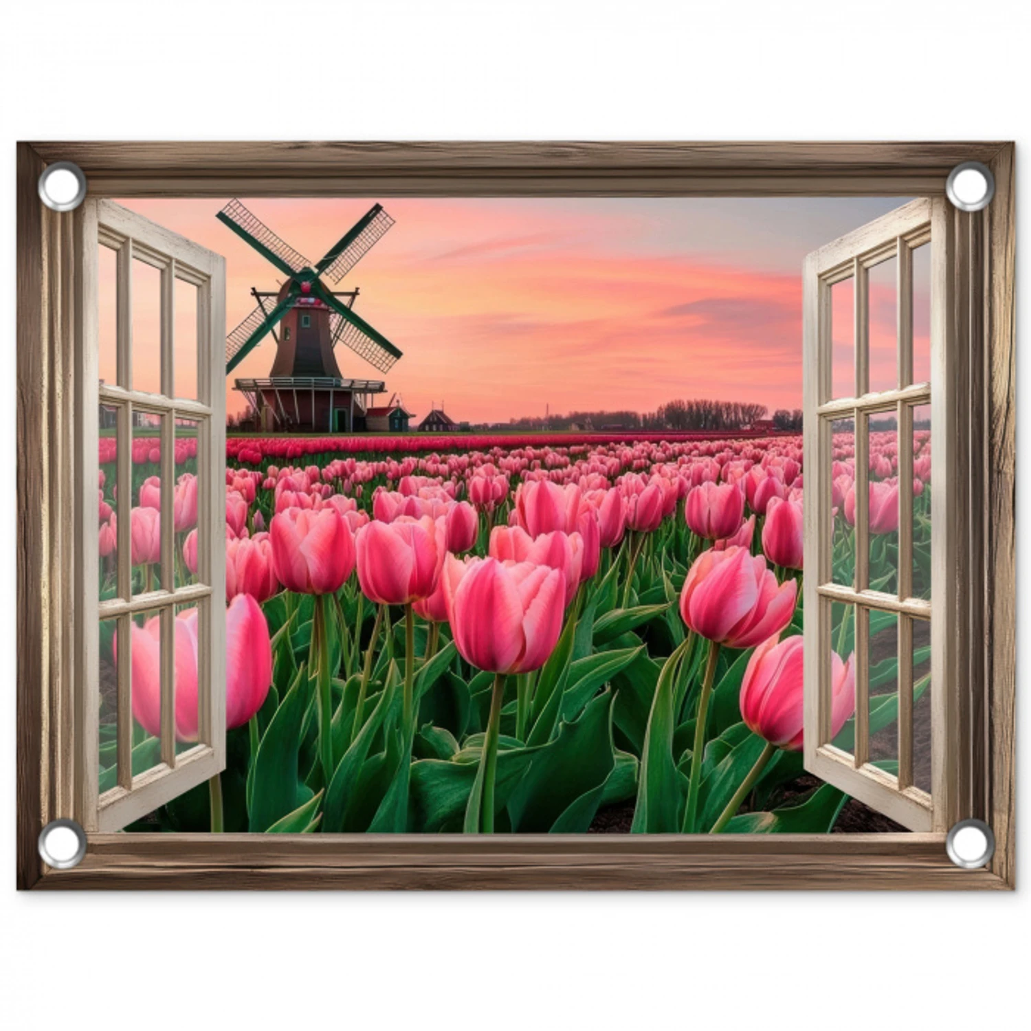 Doorkijk - Tulpen - Bloemen - Molen - Raam tuinposter los doek klein -3d