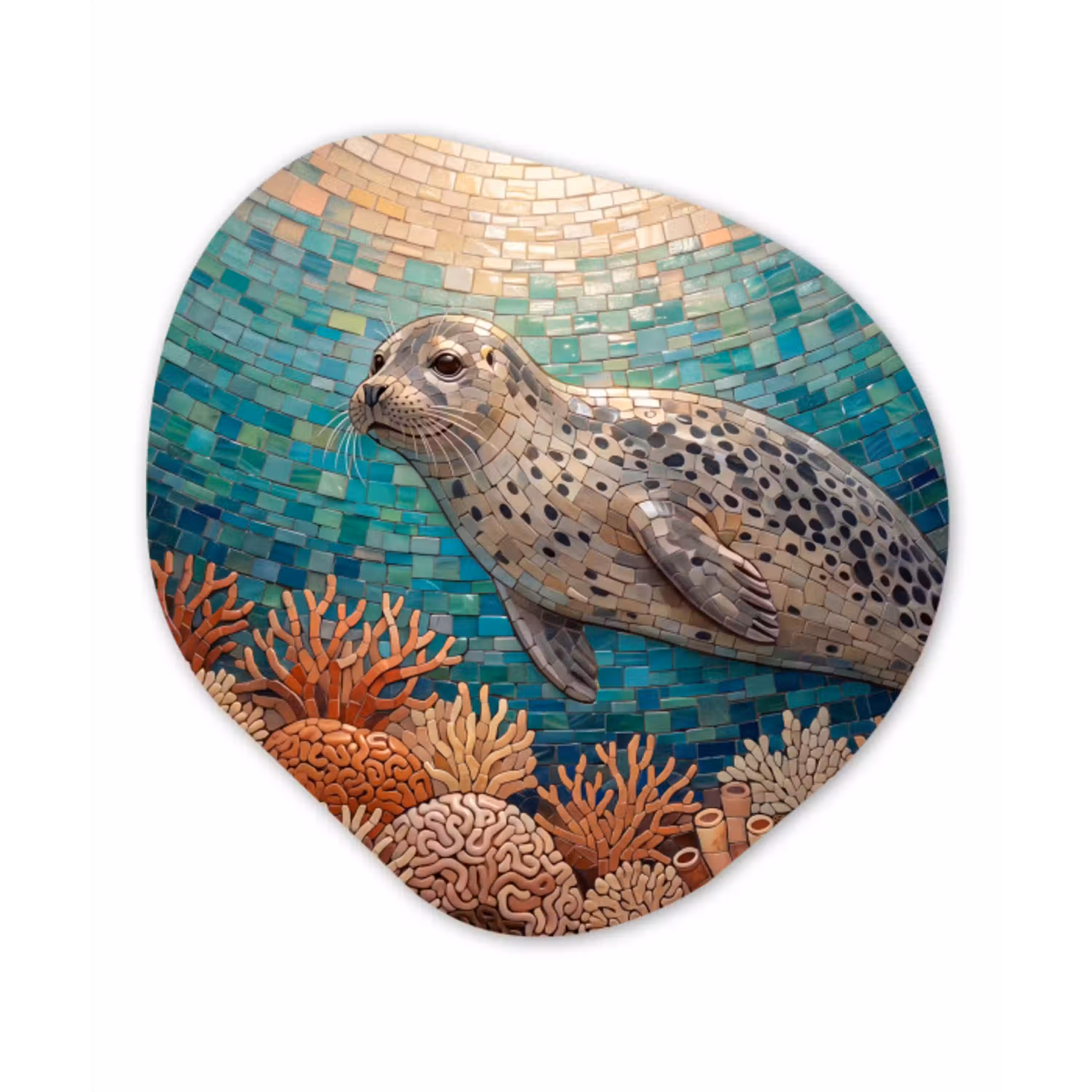Zeehond - Mozaïek - Onderwater - Dieren - Blauw Wandcirkel Organisch Aluminium middel -3d