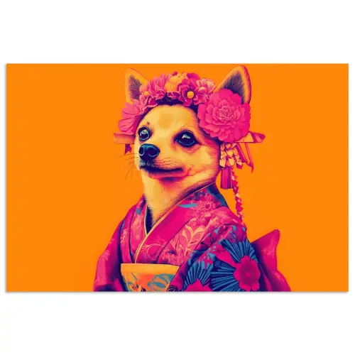 Kimono - Hondje - Bloemenkroon - Oranje poster papier klein -3d